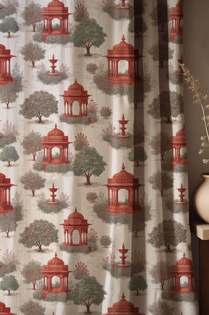 Red Pavilion & Green Tree Scenic Toile Linen Curtain, Garden Pavilion Window Panel, Custom Size