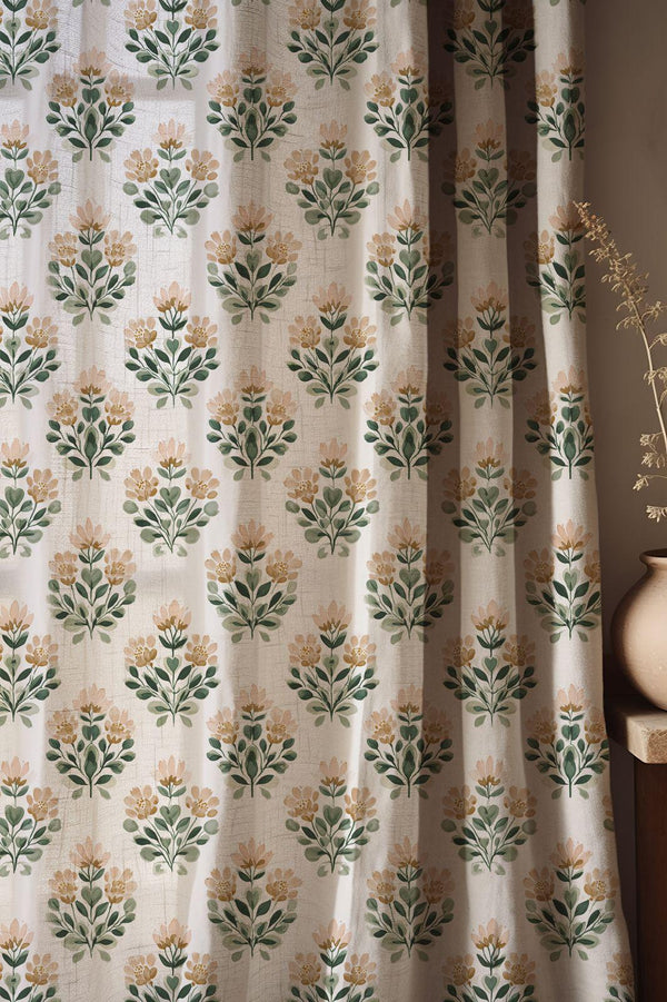 Green Floral Linen Curtain, Botanical Block Print Style Window Panel, Custom Size