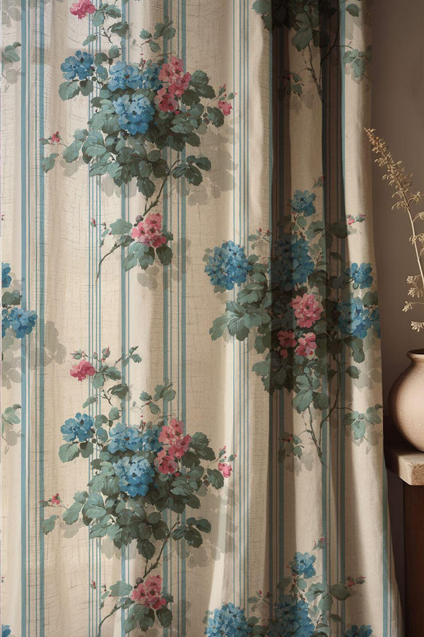 Blue Pink Floral Linen Curtain, Vintage Striped Botanical Window Panel, Custom Size
