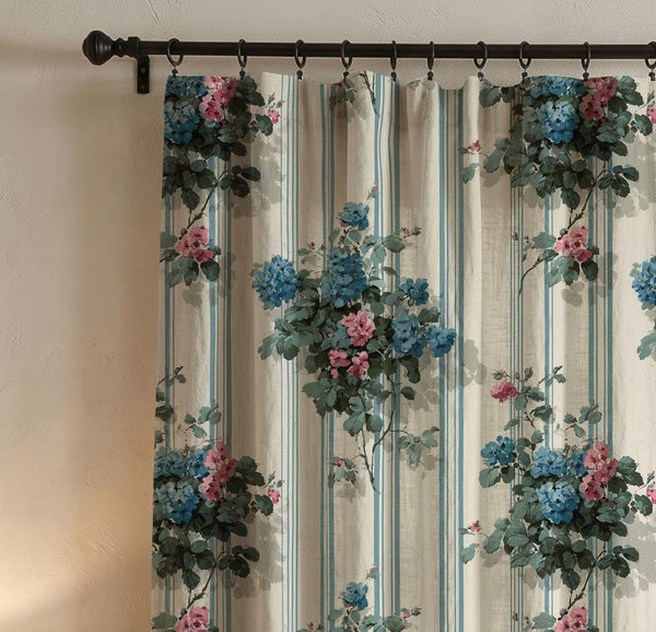 Blue Pink Floral Linen Curtain, Vintage Striped Botanical Window Panel, Custom Size