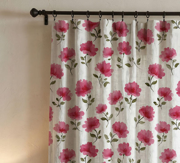 Pink Floral Linen Curtain, Romantic Botanical Window Panel, Cottagecore Curtain, Custom Size